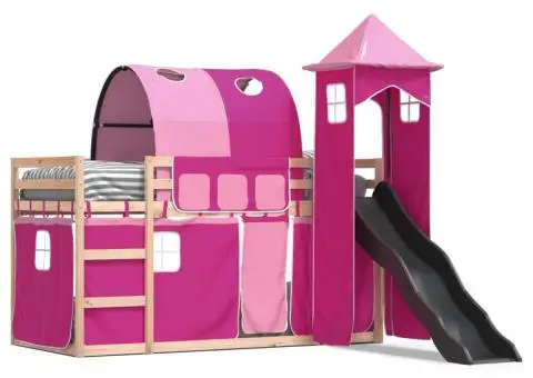 Pat supraetajat cu tobogan și perdele, roz, 90x200 cm - 2/5