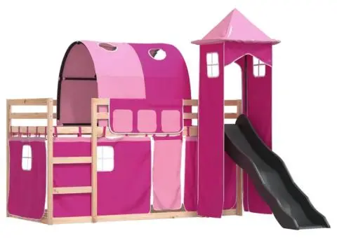 Pat supraetajat cu tobogan și perdele, roz, 90x200 cm - 3/5