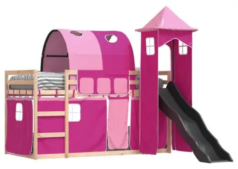 Pat supraetajat cu tobogan și perdele, roz, 90x200 cm - 4/5