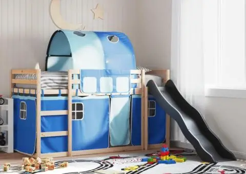 Pat supraetajat cu tobogan și perdele, albastru, 90x200 cm - 1/5