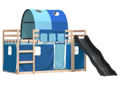 Pat supraetajat cu tobogan și perdele, albastru, 90x200 cm - 3/5