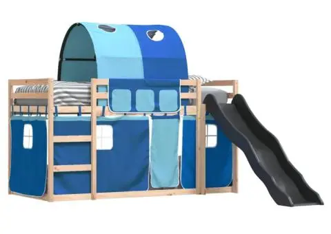 Pat supraetajat cu tobogan și perdele, albastru, 90x200 cm - 4/5