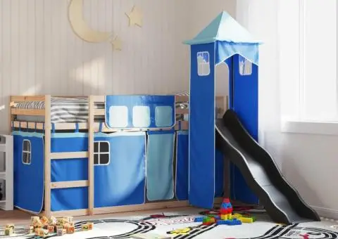 Pat supraetajat cu tobogan și perdele, albastru, 90x200 cm - 1/5