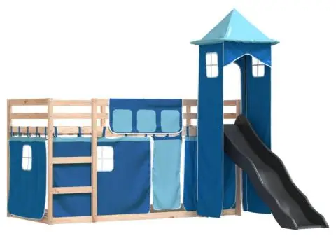 Pat supraetajat cu tobogan și perdele, albastru, 90x200 cm - 3/5