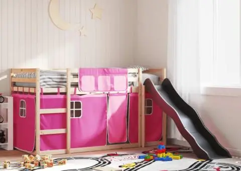 Pat supraetajat cu tobogan și perdele, roz, 90x200 cm - 1/5