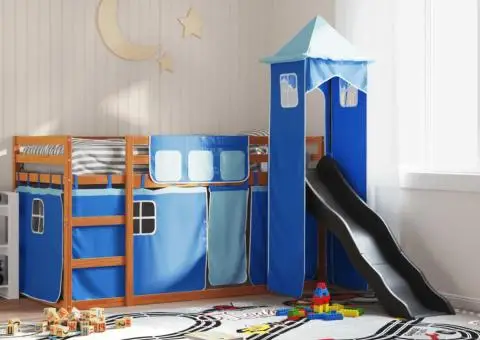 Pat supraetajat cu tobogan și perdele, albastru, 80x200 cm - 1/5