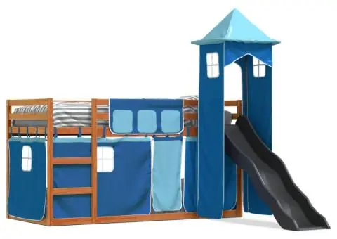 Pat supraetajat cu tobogan și perdele, albastru, 80x200 cm - 2/5