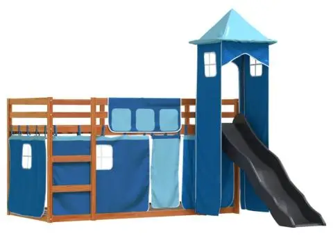 Pat supraetajat cu tobogan și perdele, albastru, 80x200 cm - 3/5