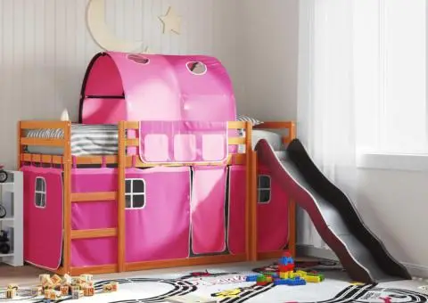 Pat supraetajat cu tobogan și perdele, roz, 90x200 cm - 1/5
