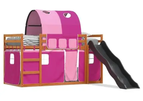 Pat supraetajat cu tobogan și perdele, roz, 90x200 cm - 2/5