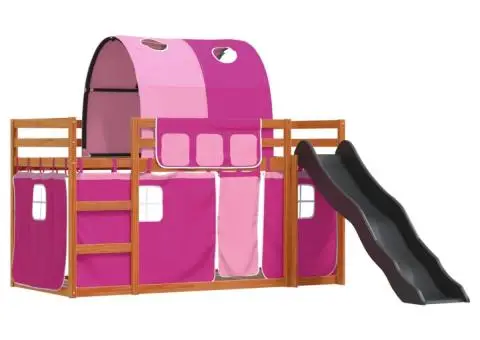 Pat supraetajat cu tobogan și perdele, roz, 90x200 cm - 3/5