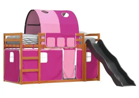 Pat supraetajat cu tobogan și perdele, roz, 90x200 cm - 4/5