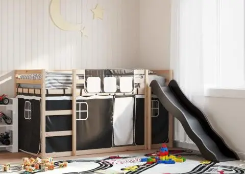 Pat supraetajat cu tobogan și perdele, alb și negru, 80x200 cm - 1/5