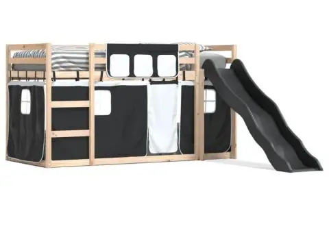 Pat supraetajat cu tobogan și perdele, alb și negru, 80x200 cm - 2/5