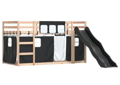 Pat supraetajat cu tobogan și perdele, alb și negru, 80x200 cm - 3/5