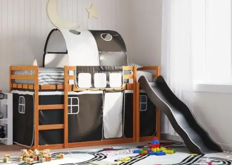 Pat supraetajat cu tobogan și perdele, alb și negru, 80x200 cm - 1/5