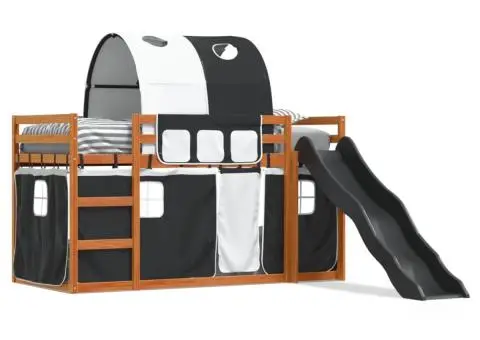 Pat supraetajat cu tobogan și perdele, alb și negru, 80x200 cm - 2/5