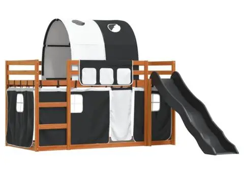 Pat supraetajat cu tobogan și perdele, alb și negru, 80x200 cm - 3/5