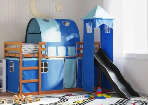 Pat supraetajat cu tobogan și perdele, albastru, 80x200 cm - 1/5