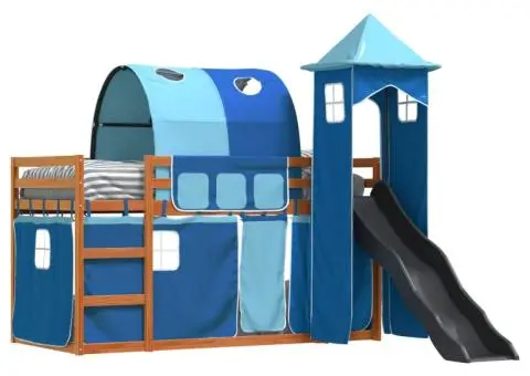 Pat supraetajat cu tobogan și perdele, albastru, 80x200 cm - 4/5