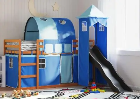 Pat supraetajat cu tobogan și perdele, albastru, 90x200 cm - 1/5