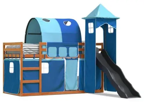 Pat supraetajat cu tobogan și perdele, albastru, 90x200 cm - 2/5