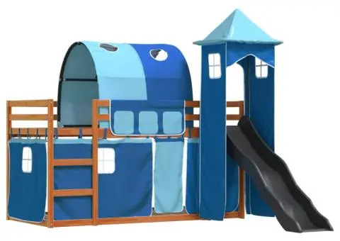 Pat supraetajat cu tobogan și perdele, albastru, 90x200 cm - 3/5