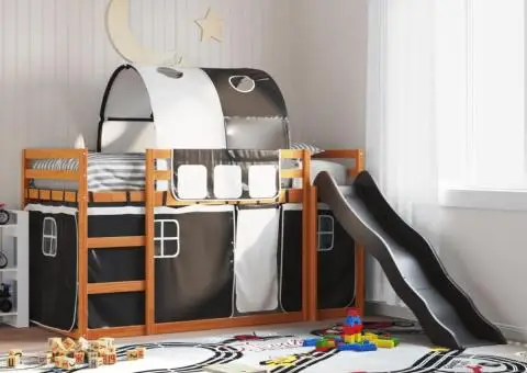 Pat supraetajat cu tobogan și perdele, alb și negru, 90x200 cm - 1/5