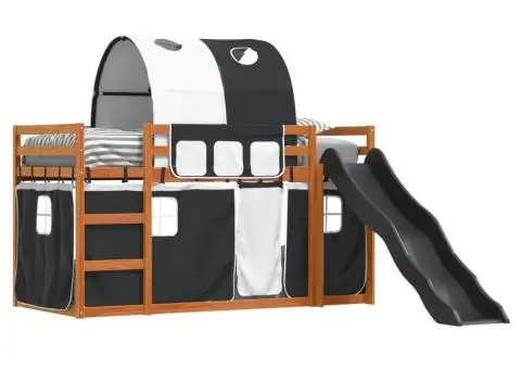 Pat supraetajat cu tobogan și perdele, alb și negru, 90x200 cm - 4/5