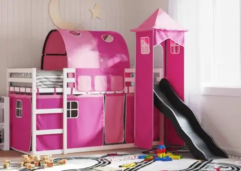 Pat supraetajat cu tobogan și perdele, roz, 80x200 cm - 1/5