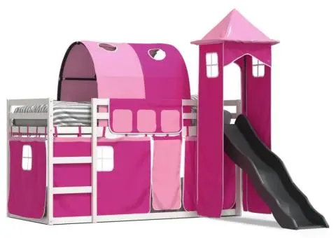 Pat supraetajat cu tobogan și perdele, roz, 80x200 cm - 2/5