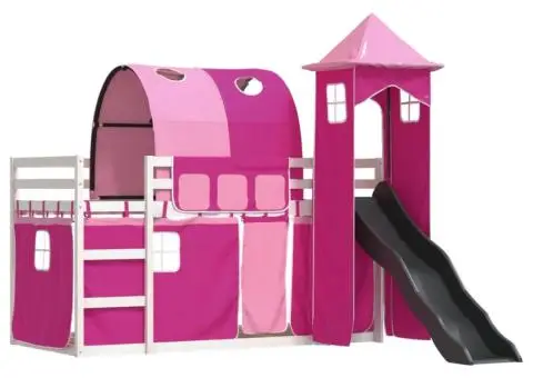 Pat supraetajat cu tobogan și perdele, roz, 80x200 cm - 3/5