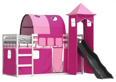 Pat supraetajat cu tobogan și perdele, roz, 80x200 cm - 4/5