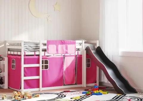 Pat supraetajat cu tobogan și perdele, roz, 80x200 cm - 1/5
