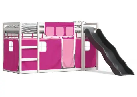 Pat supraetajat cu tobogan și perdele, roz, 80x200 cm - 2/5