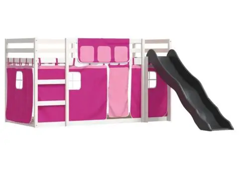 Pat supraetajat cu tobogan și perdele, roz, 80x200 cm - 3/5