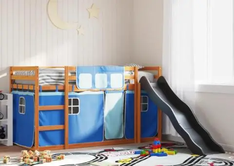 Pat supraetajat cu tobogan și perdele, albastru, 80x200 cm - 1/5