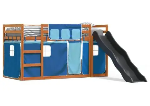 Pat supraetajat cu tobogan și perdele, albastru, 80x200 cm - 2/5