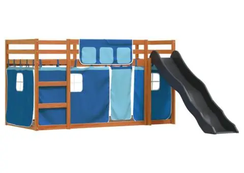 Pat supraetajat cu tobogan și perdele, albastru, 90x200 cm - 3/5