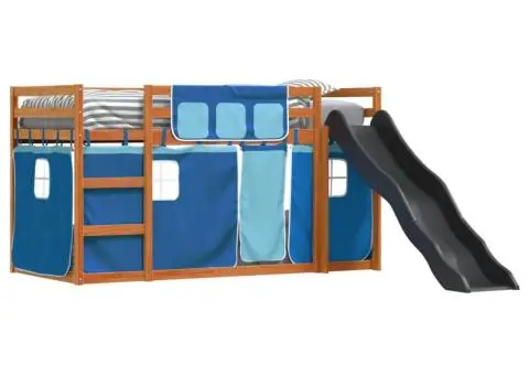 Pat supraetajat cu tobogan și perdele, albastru, 90x200 cm - 4/5