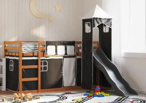 Pat supraetajat cu tobogan și perdele, alb și negru, 90x200 cm - 1/5