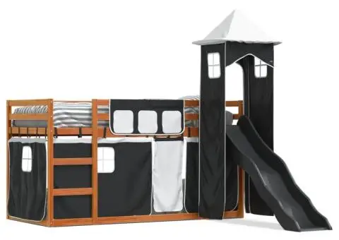 Pat supraetajat cu tobogan și perdele, alb și negru, 90x200 cm - 2/5