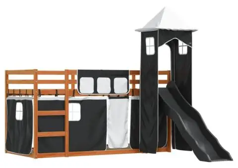 Pat supraetajat cu tobogan și perdele, alb și negru, 90x200 cm - 3/5