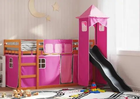 Pat supraetajat cu tobogan și perdele, roz, 90x200 cm - 1/5
