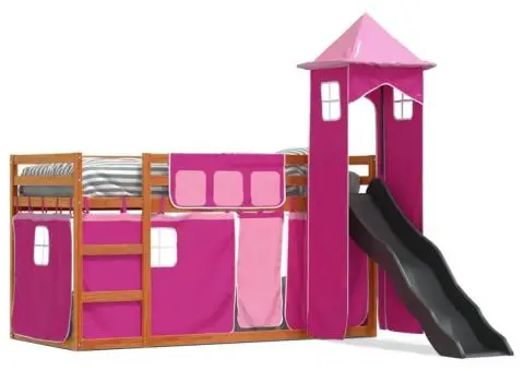 Pat supraetajat cu tobogan și perdele, roz, 90x200 cm - 2/5