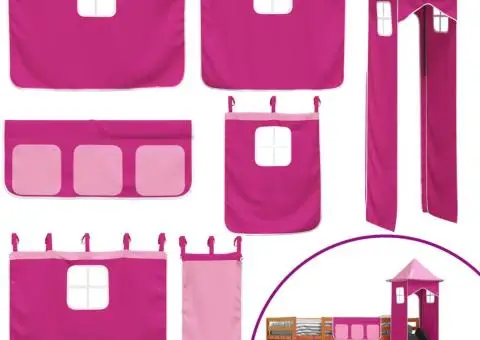 Pat supraetajat cu tobogan și perdele, roz, 90x200 cm - 5/5