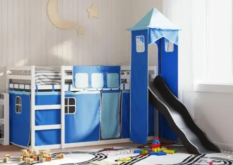 Pat supraetajat cu tobogan și perdele, albastru, 90x190 cm - 1/5
