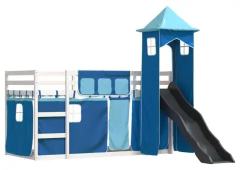Pat supraetajat cu tobogan și perdele, albastru, 90x190 cm - 3/5