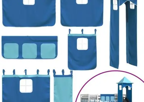 Pat supraetajat cu tobogan și perdele, albastru, 90x190 cm - 5/5