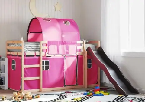 Pat supraetajat cu tobogan și perdele, roz, 90x190 cm - 1/5